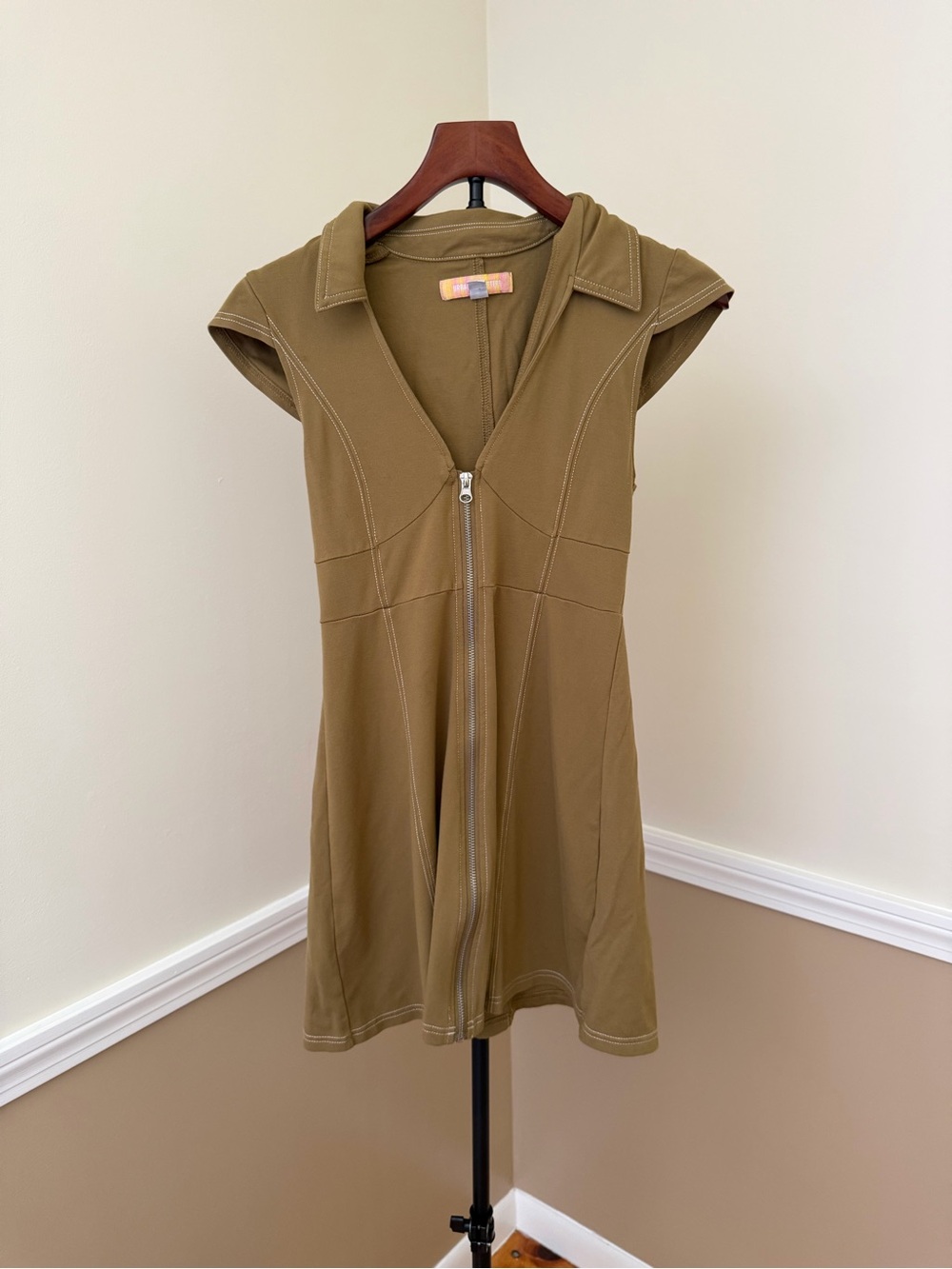 Urban Outfitters Olive/Tan V-Neck Zip Dress with Contrast Stitching